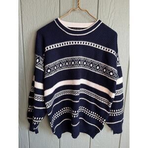 Vintage 90s Pasta Patterned Knit Sweater | Navy & Cream | Cozy Oversized Fit, SM
